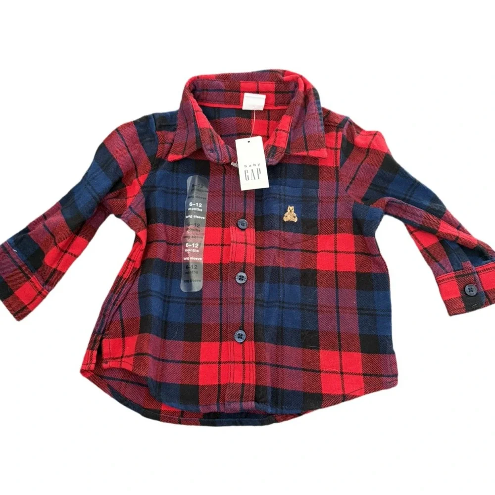 Baby Gap 6-12M Red Navy Plaid Flannel Button Down Shirt Bear Logo NWT
